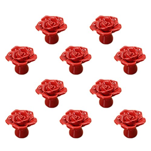 Fleur Rose Poignée de porte en céramique Commode Armoire de cuisine Placard Tiroir Poignées Lot de 10 pack,Rouge