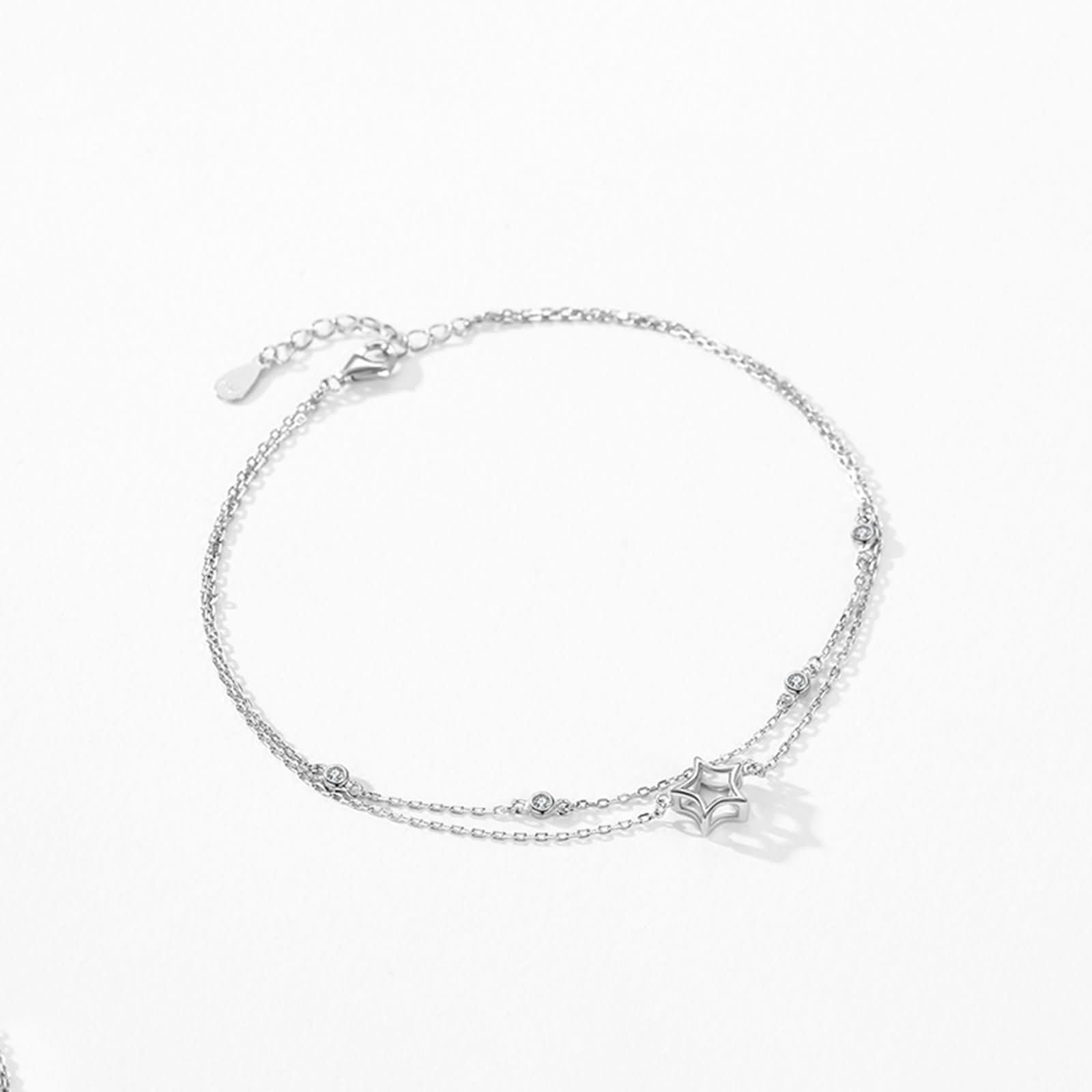 Bracciale Oro Bianco 9 Kt / 14 Kt / 18 Kt Donna, Catena Doppio Strato con Stella Cava, Regolabile 16 CM + 5 CM, Braccialetto Catena Argento Donna