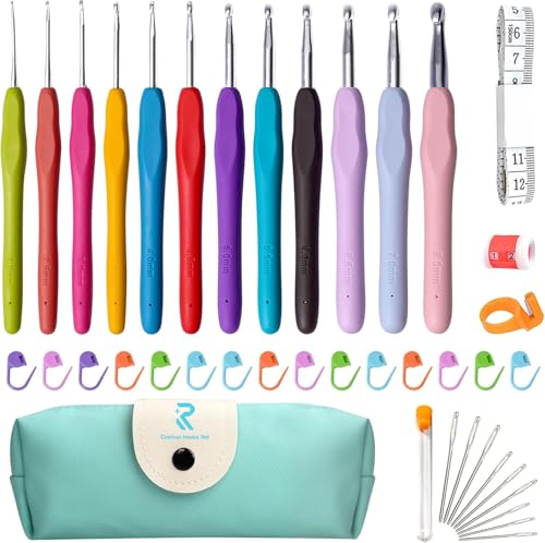 Image of Crochet Kit with Soft Grip Handles - Full Crochet Hook Set for Beginners & Yarn Lovers - Ergonomic Crochet Tools for DIY Craft & Gifting (Crochet Hooks Set)
