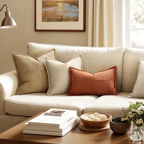 Image of MIULEE Fall Dark Rust Decorative Lumbar Throw Pillow Covers for Couch Bed Livingroom 12x20 Inch Set of 2 Boho Accent Throw Pllows Broadside Striped Patchwork Soft Corduroy Pillowcases, Terracotta