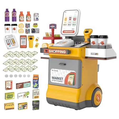 Image of Kids Supermarket Play Set Toy with Shopping Cart, Pretend Grocery Store Counter with Scanner, Cash Register, Coffee Machine, Display Shelves and Play Food Accessories (48PCS Cash Register Playset)