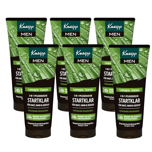Kneipp MEN 3 in 1 Pflegedusche Startklar Für Haut Haar & Gesicht - Mit ätherischen Ölen und Extrakten aus Lemongras & Guarana - Multipack 6 x 200ml