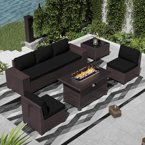 RTDTD Outdoor Patio Furniture Set with Propane Fire Pit Table, 7 Pieces Outdoor Furniture Patio Sectional Sofa Conversation Sets w/ETL Approved 43" Gas Outdoor Fire Table & Coffee Table (Black) - Image 3