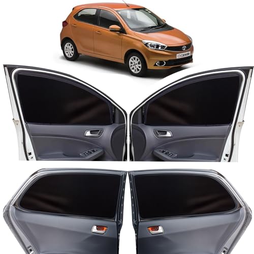 Image of OTO2EYE Car Sun Shade Compatible for Tata Tiago Model 2016 to 2020, Z-Black Super Magnetic Grip, Front Window Zipper, Side Window Curtains, 4 Pieces Set