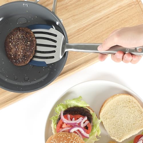 Image of Calphalon Prime Slotted Turner, Stainless Steel Wide Slotted Spatula with Silicone Rim for Nonstick Cookware, Heat Resistant Durable Kitchen Tool for Cooking, Flipping, Draining and Serving