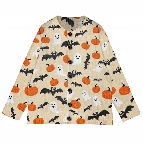 Halloween Sweaters for Women Spooky Ghost with Pumpkin Graphic Cardigan Casual Fall Long Sleeve Button Knit Sweater3