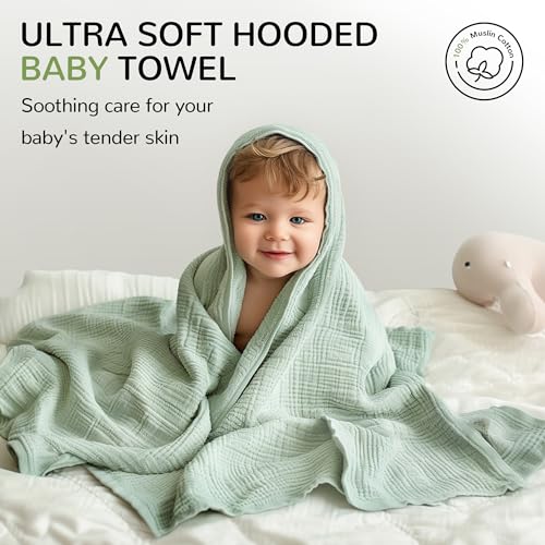 Image of Momsnug 3-Pack Muslin Hooded Baby Towels, White+ Pink+ Yellow, 35 inch X 35 inch | 100% Cotton, Ultra-Soft & Highly Absorbent ,Quick-Dry for Delicate Skin, For Babies, Toddler and Newborn