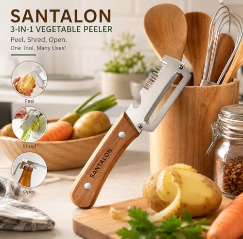Image of Multi-Functional Vegetable Peeler for Kitchen | Stainless Steel Peeler with Wooden Handle & Bottle Opener | Single Blade for Fruits | 1 Piece (New Upgraded Peeler)