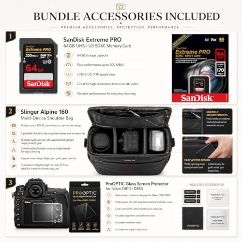 Image of Nikon D850 DSLR Camera, Bundle with 64GB Memory Card | Multi-Device Shoulder Bag | Screen Protector | Nikon 1-Year Warranty