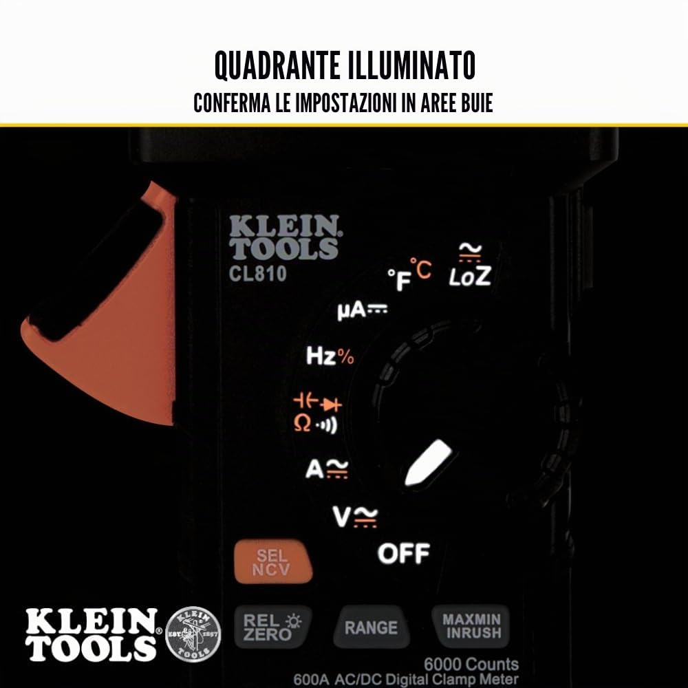 Klein Tools CL810 Pinza Amperometrica Digitale 600A AC/DC | Multimetro a Pinza TRMS Auto Range | Tensione Resistenza Frequenza Capacità Temperatura Inrush | NCV LoZ | Luce di lavoro CAT III