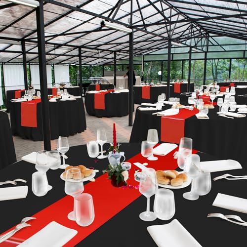 Image of 12Pack 12x108 Inch Satin Table Runner and 84 Inch Round Plastic Tablecloths Set Black and Red Disposable Round Table Cover for Graduation Wedding Bridal Shower Anniversary Birthday Party Decorations