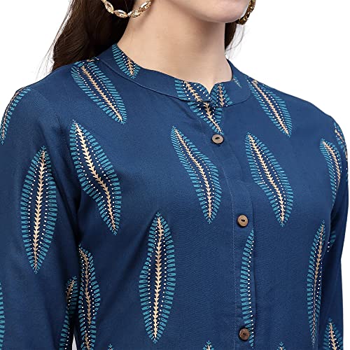 Image of Stylum Women's Turquoise Block Printed Rayon A-Line Kurta | Office Kurtas for Women (Available in Plus Sizes)