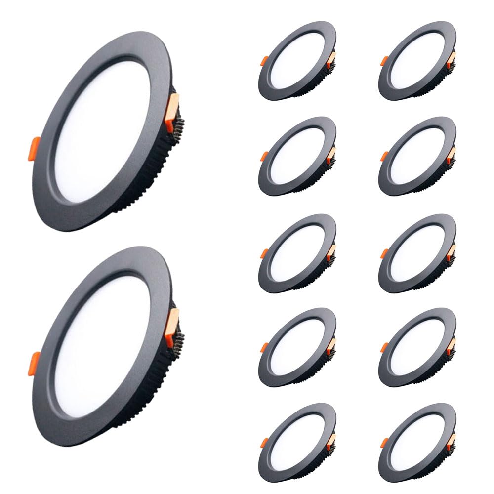 JKJZSALJ 3.8-5.7 In. 3Cct Ultra Thin Recessed Led - Color Temperature Selectable 3000K/4000K/6000K,Slim Panel Light,Led Ceiling Lights With Black Trim,Canless Disk Light Pack Of 12,5w-6000K