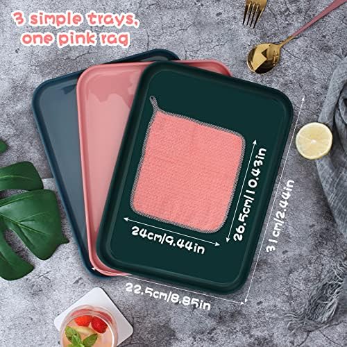 Bubuyun 3PCS Serving Trays for Eating & 1PCS Coral Fleece Cleaning Rag Plastic Serving Lap Trays Serving Tray Platter Board Food Tray for Serving Drinks Snacks Tea or Coffee(3 Colors, 31 * 22.5cm