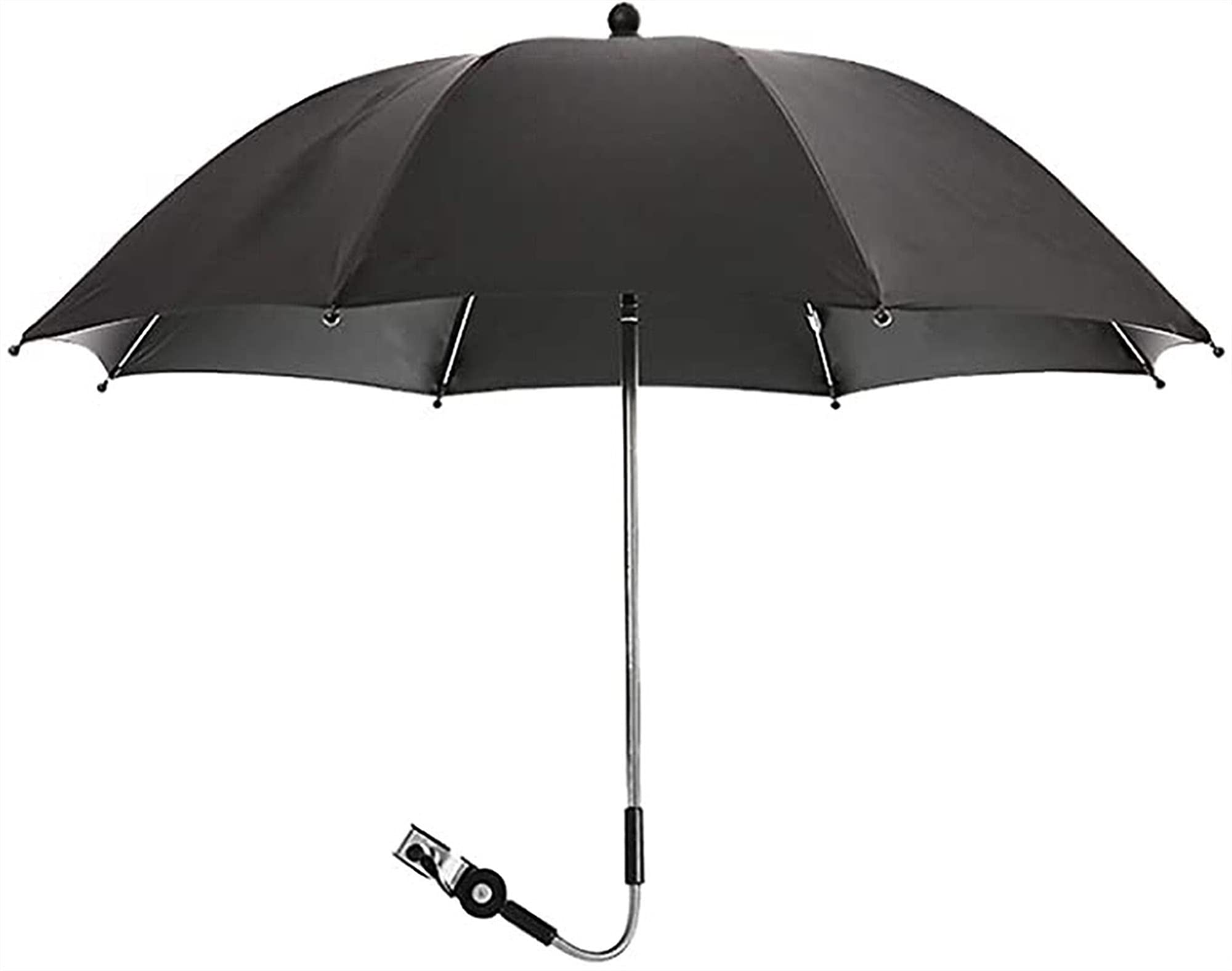 Uniwersalny parasol spacerowy, parasolka anty-UV do wózka, średnica 75/85 cm, mocowanie do rury okrągłej lub owalnej, elastyczny i regulowany, z klipsem do wózka inwalidzkiego (Color : Black, Size :