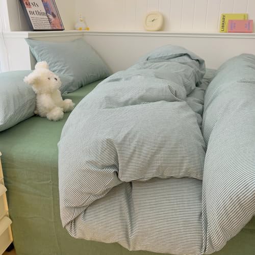 Image of mixinni Green Striped Duvet Cover Full Size - 100% Washed Cotton Pinstripe Comforter Cover with Zipper Closure, Lightweight & Breathable, 3 Pieces Minimalist Stripes Pattern Printed Bedding Set