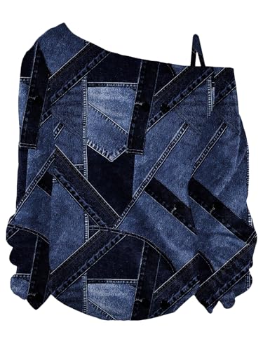 Image of RoseSeek Women's Cold Off Shoulder Denim Print T Shirt Long Sleeve Loose Graphic Tee Tops