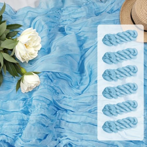 10FT 6 Pack Blue Cheesecloth Table Runner 35x120 inchs Romantic Boho Rustic Gauze Baby Blue Sheer Cheese Cloth Table Runners for Wedding Bridal Baby Shower Tea Party Birthday Home Decorations