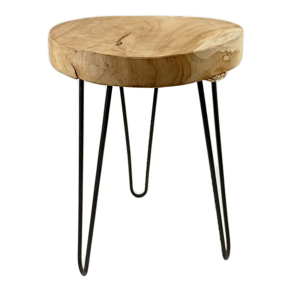 Taboret, drewno tekowe i stalowe, naturalne, 30 x 30 x 42 cm