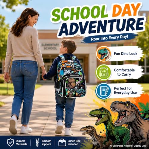 Image of WZLVO 3PCS Kids Dinosaur Backpack Set, 16 inch Cool UV Printing Boys Bookbag /School Bag with Clip-On Lunch Bag & Pencil Bag for Preschool to Elementary - Dinosaur Khaki