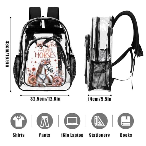 Horse Clear Backpack Heavy Duty for Girls Kids Boys Women Men - Large Cute PVC Horses Theme Printing Transparent Backpacks for Schools Stadium Concerts Work - Clear/Black3