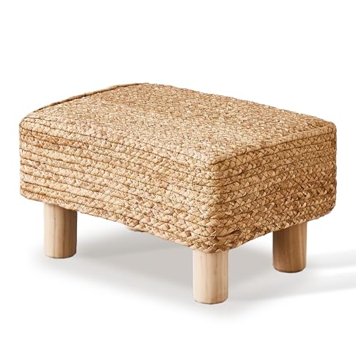Cpintltr Foot Stool Ottoman Rectangular Footrest Pouf Ottomans Natural Seagrass Footstool with Wooden Legs Hand Weave Step Stool for Living Room Bedroom Entryway Natural