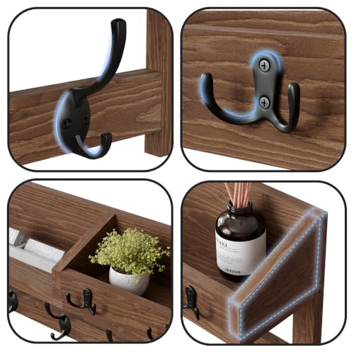 Image of AMBIRD Wall Hooks with Shelf, 26.57 Inch Entryway Wood Coat Hooks for Wall with Shelf, Coat Rack Wall Mount with 5 Dual Hooks 3 Key Hooks Mail Organizer and Key Rack Holder (Brown)