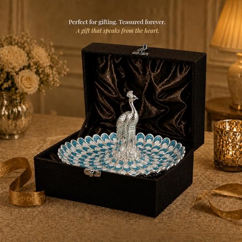 Image of Diviniti German Silver Peacock Decorative Tray for Home Decor | Luxury Dry Fruit & Sweet Serving Platter with Blue Enamel Feather Design | Premium Decorative Gift Hamper Plate with Elegant Gift Box