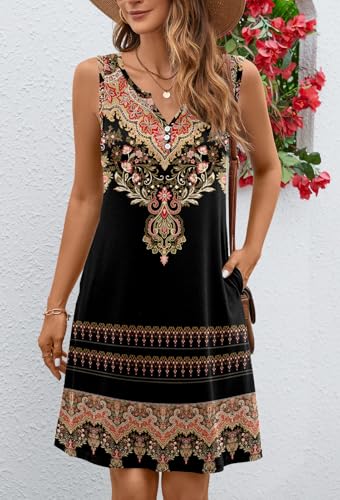 Image of Ladlop Summer Dresses for Women 2026 Beach Loose Casual A Line Dress Sleeveless V-Neck Sundress with Pockets