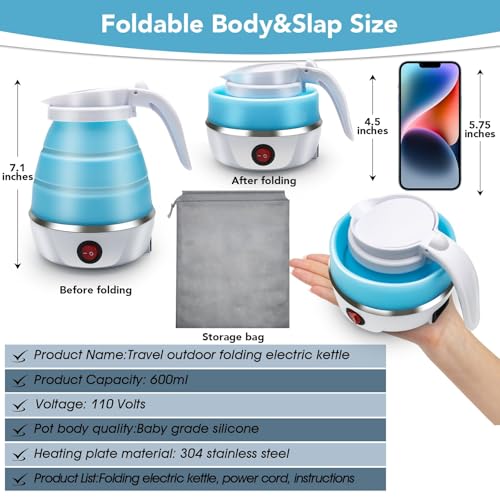 Image of COLBEX Travel Kettle Electric Small Foldable Portable Kettle,Silicone Collapsible Heating Water Boiler Tea Pot for Camping,Easy for Storage with Separable Power Cord (Assorted Color)