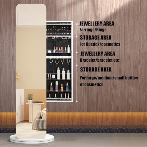 Full-Length HD Mirror Jewelry Cabinet with Sliding Storage Armoire, 360° Swivel, Rear Coat Rack & Shelves – Elegant Jewelry Organizer & Stylish Home Décor