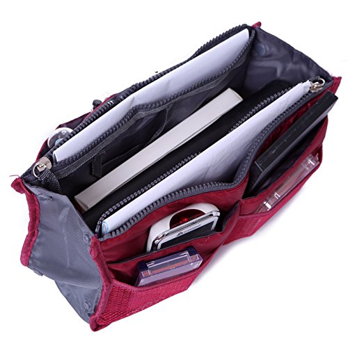 2 Pack Magik Travel Insert Handbag Purse Large Liner Organizer Tidy Bags Expandable 13 Pocket Handbag Insert Purse Organizer With Handles (Burgundy) #TOP4