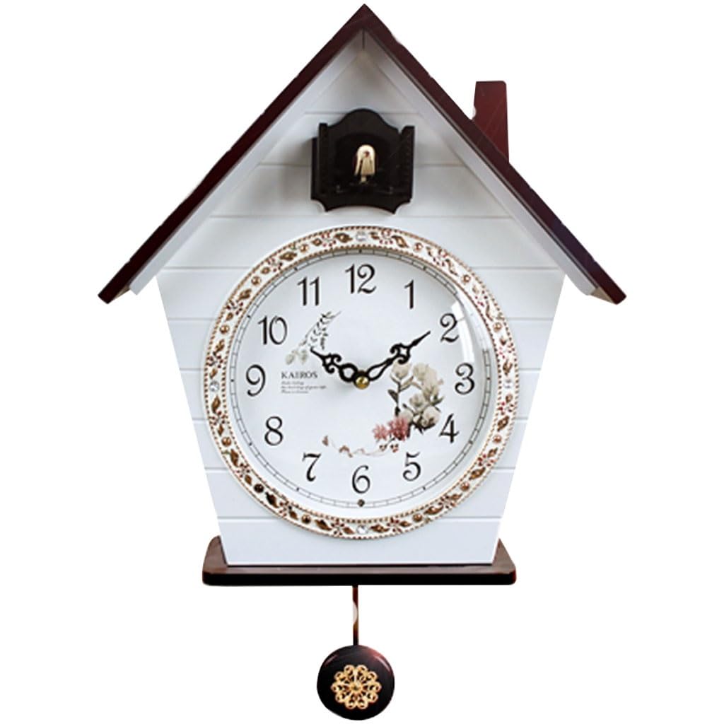 Cuckoo Clocks Wall Clock Decor Farmhouse Creative Silent Wall Clock, European Style Living Room Decoration, Battery Powered Cuckoo Clock, with Glass Mirror (Color : White, Size : Arabic Dial)