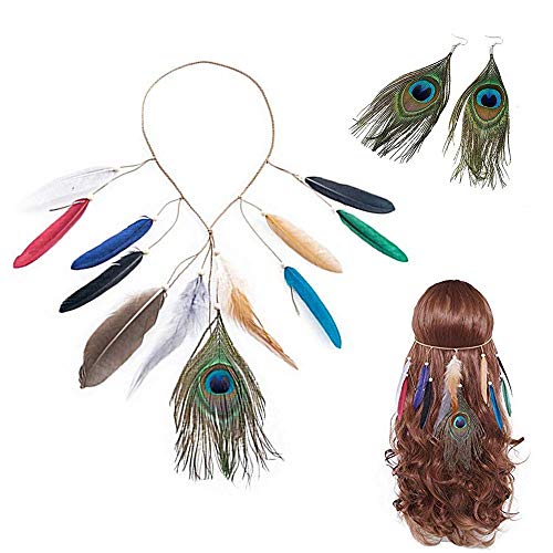 Preisvergleich Produktbild LONGBLE Indianer Haarschmuck Feder Stirnband kostüm Damen Boho Stirnbänder mit Handgewebte Quasten Holzperle Einstellbar Haarband Kopfschmuck Federschmuck (Bunt mit Ohrring)