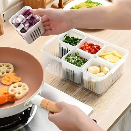 Image of RANIC Plastic Fridge Storage Boxes Freezer Storage Containers, Container For Kitchen Storage Set, Storage In Kitchen, Vegetable Storage,Refrigerator Food Box (4 Grid)