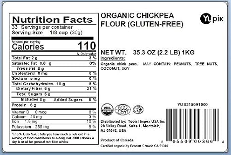 Yupik Organic Chickpea Flour, 2.2 lb (35.2 oz), Garbanzo Beans Flour, Finely Ground from Whole Chickpeas, Non-GMO, Gluten-Free, Vegan, Kosher, USDA Certified, Great for Baking, Cooking & Batters