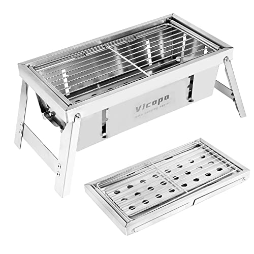 バーベキューコンロ 折りたたみグリル コンパクト焚き火台-Vicopo 秒速で組立 卓上コンロ 折りたたみコンロ キャンプ用品 BBQグリル 1台3役 ステンレス鋼 収納ケース付き
