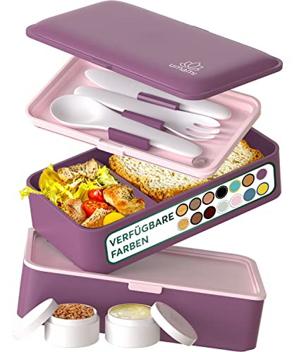 Umami Lunchbox Erwachsene, Auslaufsichere Bento Box mit Fächern und 4 Bestecke, Brotdose Erwachsene, Salatbehälter To-Go, Lunch Box für Picknick/Büro, Königliches Lila, 1200 ml
