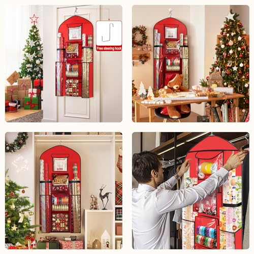 Woodoulogy Hanging Gift Wrapping Paper Storage, 48x24 (Extra Large) Red Double-Sided Christmas Wrapper Bag Container, Oxford Long Craft Roll Organizer, Present Wrap Holder for Closet, Door
