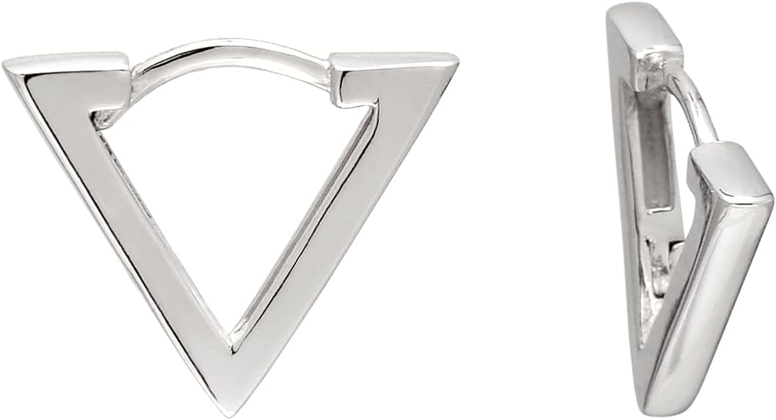 925 Sterling Silver Small Huggie Hoop Earrings Triangle, White Gold Plated