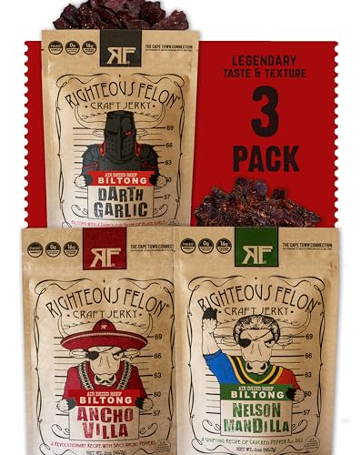 Righteous Felon Biltong Beef Jerky Variety Pack | South African Biltong Snack Packs for Adults | High Protein, Keto-Friendly, Low Sugar | Made with Premium Meats | Beef Jerky Gifts for Men | 3 Pack