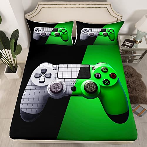 Gamer Bed Sheet Set Boys Playstation Gaming Bedding Sheets for Kids Teens Game Gamepad Bedding Fitted Sheet Geometric Green and White Black Decor Bed Cover with 2 Pillowcases 3Pcs Bedding Full