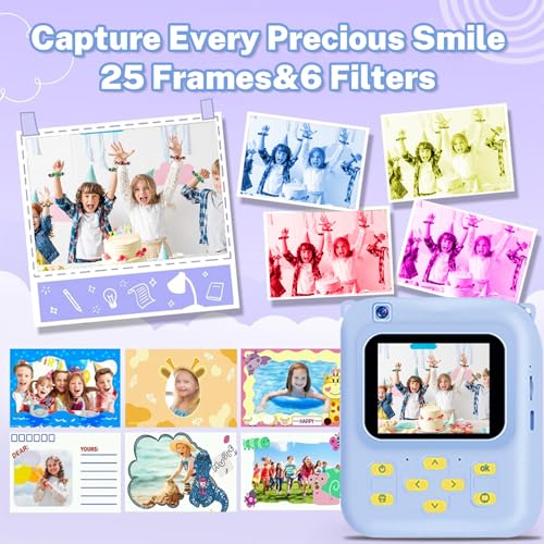 Image of Instant Print Camera for Kids, 1080P Video Camera with 3 Print Rolls | 32GB Card & Cute Cover, Gift for Girls Boys Age 3-12, Toddler Digital Camera with Games, Filters, Music - Blue