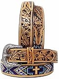 CHALLENGER 27-28 Western Two-Tone Floral Tooled Beaded Full-Grain Leather Belt 26FK29