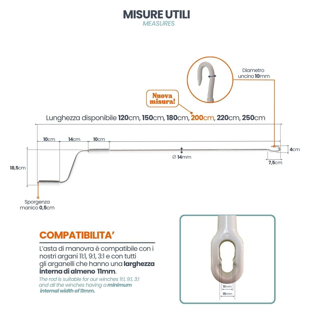 TENDAGGIMANIA Asta di Manovra Universale per Tende da Sole Avvolgibile, Ferro Laccato, 120-250 cm