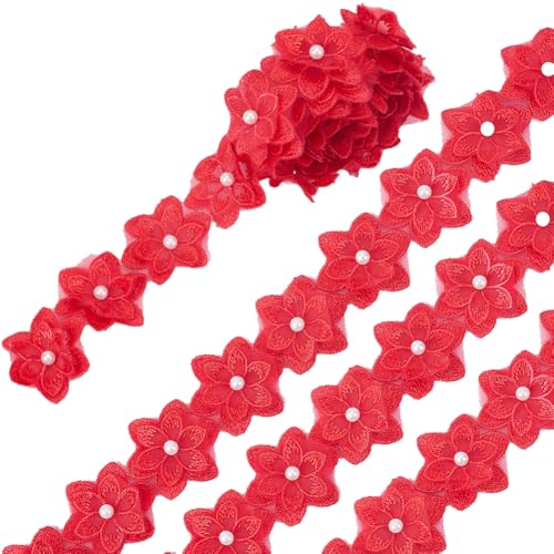 CABODYALS Cinta Bordada de Encaje con Flores Rojas de 1.83 m Y 1 3/4 pulgadas Borde con Adornos de Perlas Artificiales Cintas Bordadas Adornos para Coser Hacer Ropa Decoración Del Hogar Envoltura de R