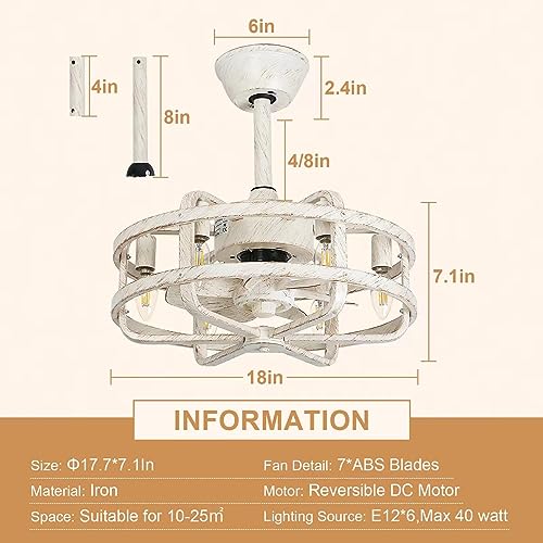 SMLERAY Retro White Caged Ceiling Fan with Lights,6 Speed Farmhouse Ceiling Fan with Reversible Motor, 18'' fandelier Ceiling Fan Light for Bedroom, Kitchen,Living Room… - Image 5