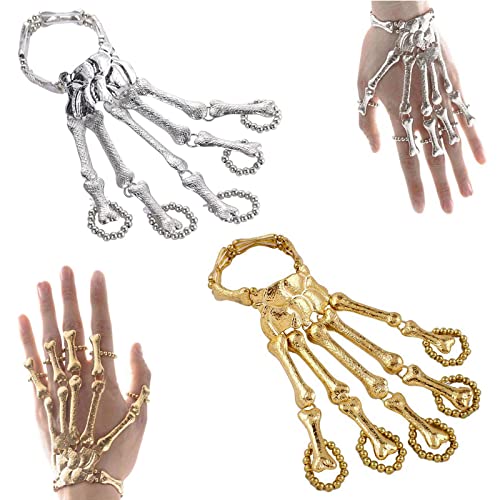 Bracelet Main de Squelette 2pcs Bracelet Bague Squelette Bracelet Gothique Punk Bague à Doigt Bracelet Halloween Finger Bracelet Bracelet Halloween Squelette Chaîne Punk Anneaux Halloween Accessoires Cover
