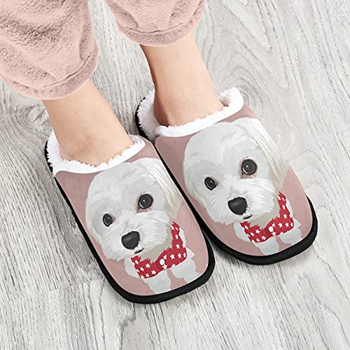 Dussdil Maltese Dog Puppy Womens Mens Slippers White Stars Home Spa Slippers Memory Foam Closed Toe Slipper Non Slip for House Hotel Bedroom Travel Shoes M2