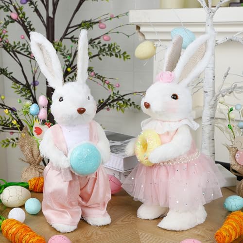 DRDUDU-Set-of-2-Easter-Decorations-for-Home-13-Inch-Sisal-Easter-Bunny-Couple-Figurines-with-Donut-Macaron-Spring-Indoor-Table-Centerpiece-Decor-Straw-White-Rabbits DRDUDU Set of 2 Easter Decorations for Home 13 Inch Sisal Easter Bunny Couple Figurines with Donut Macaron Spring Indoor Table Centerpiece Decor Straw White Rabbits